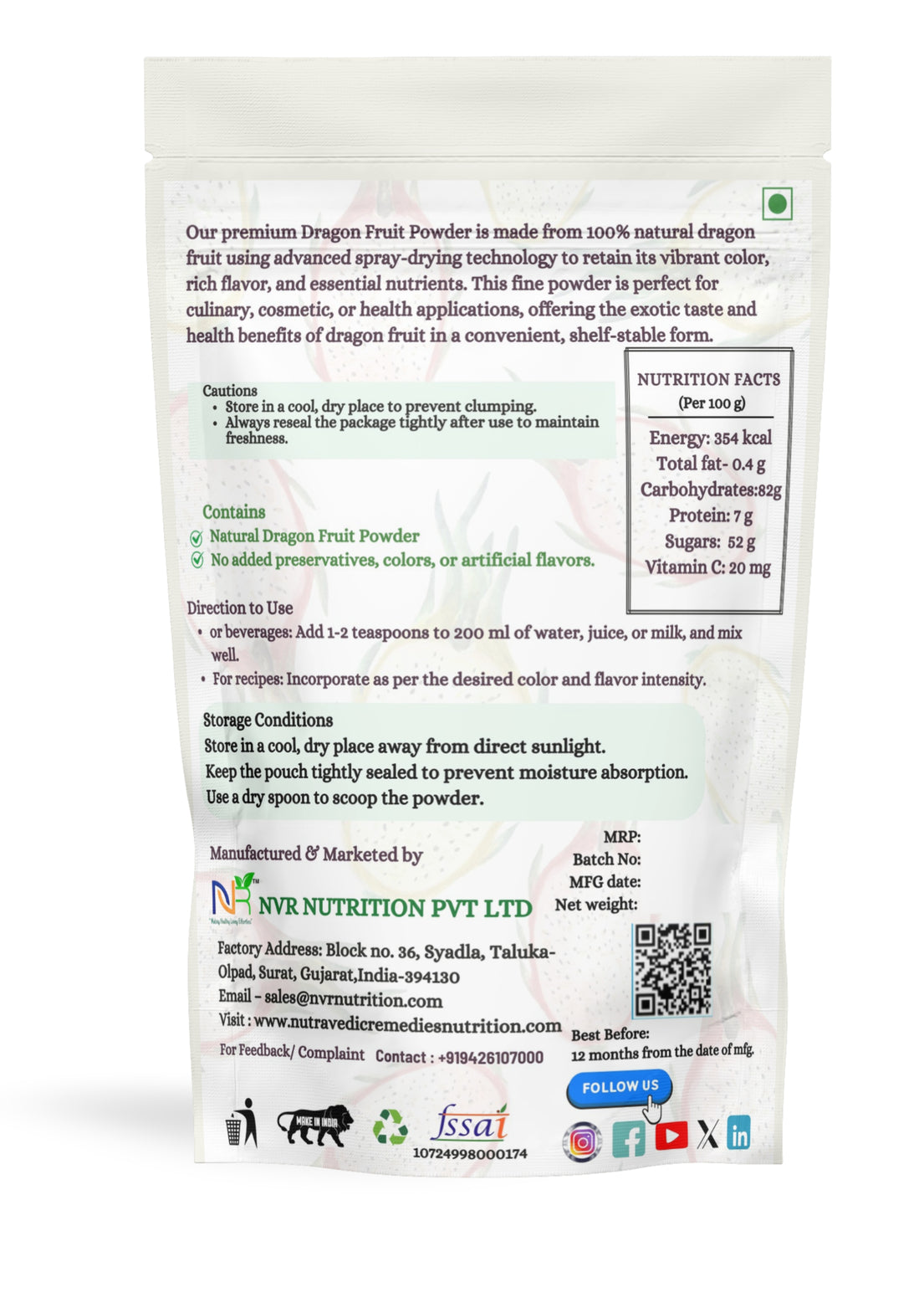 Dragon Fruit Juice Powder - Pitaya Powder for Immunity, Digestion & Radiant Skin - Spray Dried Red Dragon Fruit juice powder