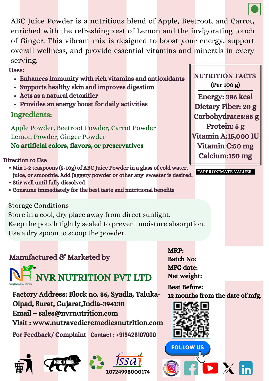 ABC Juice Powder (200.0 Gram), Apple Beetroot Carrot Detox Drink Mix with Lemon and Ginger