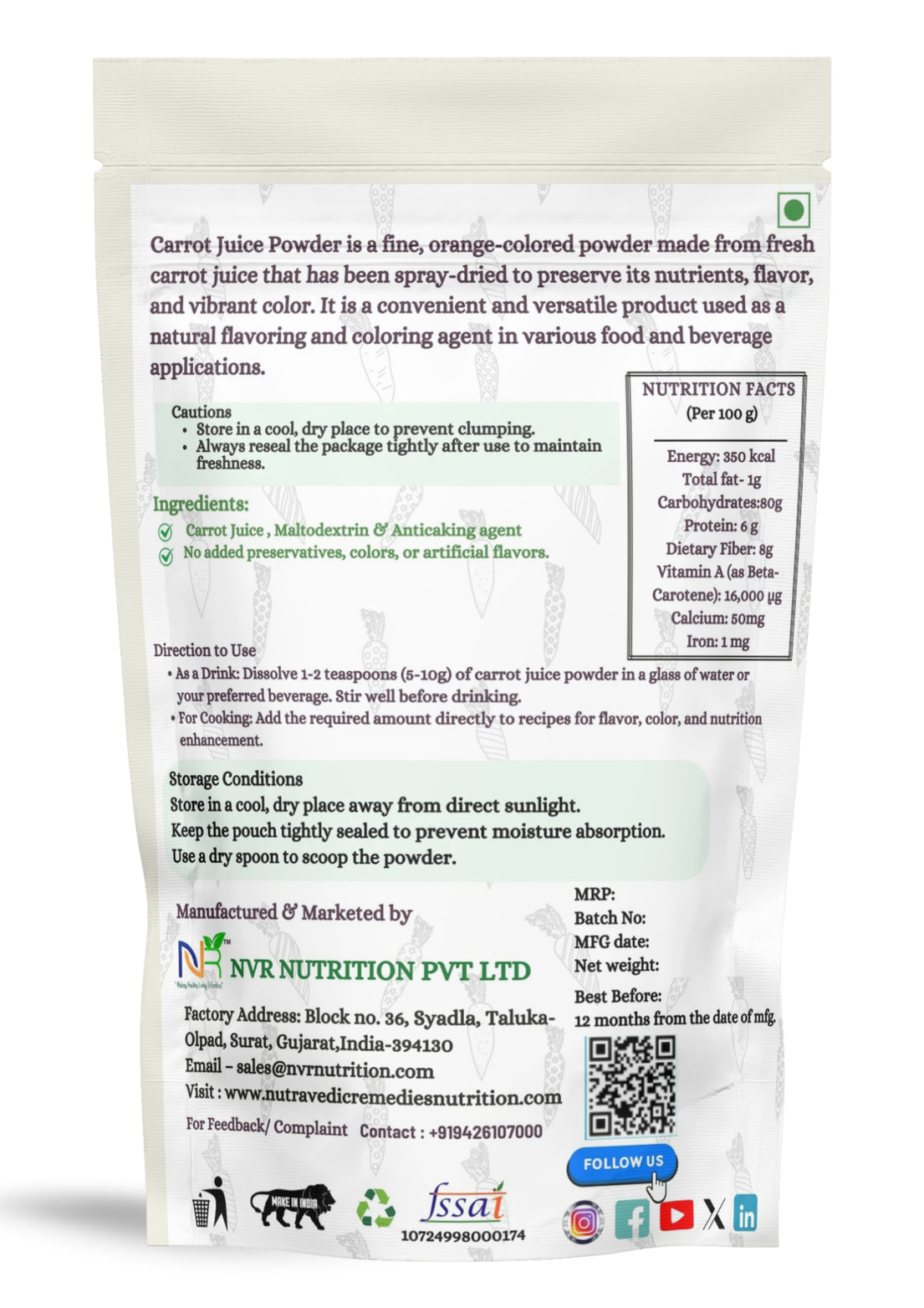 Carrot Juice Powder (200 grams), 100% natural, Instant Soluble in water, No preservative added, no sugar added, Nutrient-Rich Superfood Supplement, 100% Water Soluble, Rich in Vitamins & Antioxidants, Perfect for Juice, Smoothies & Baking