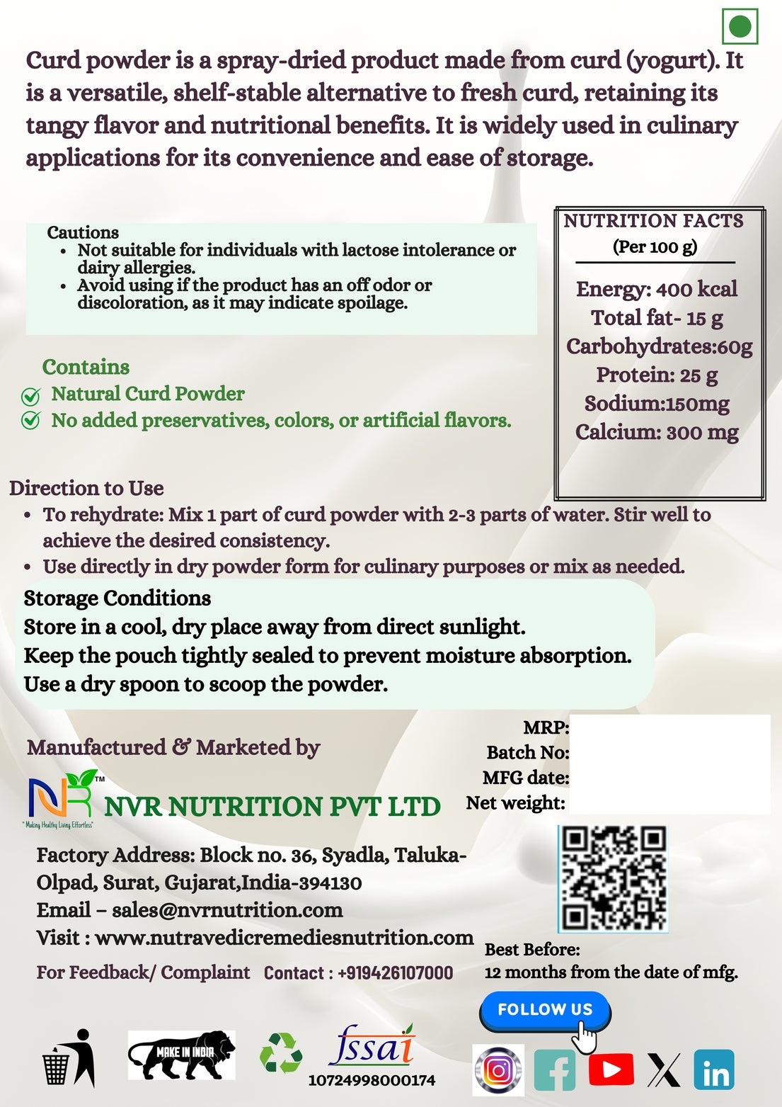 Butter Milk Powder - 200.0 Gram ! Curd Powder, Chaas Powder