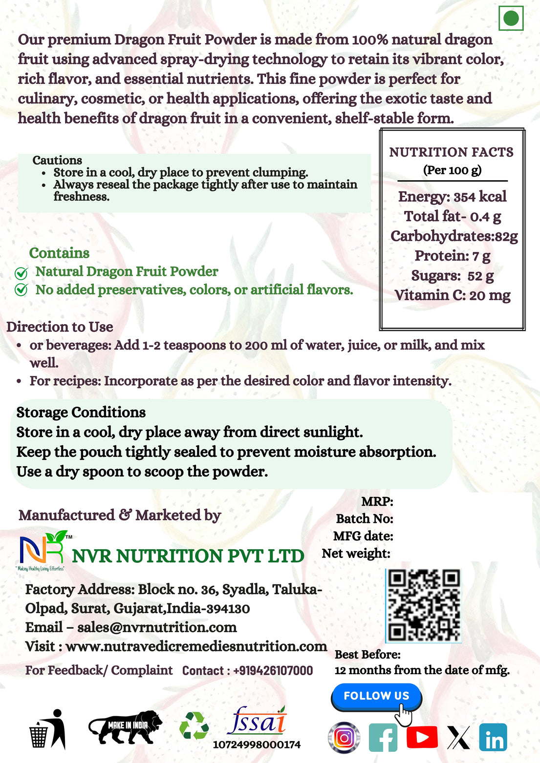Dragon Fruit Juice Powder - Pitaya Powder for Immunity, Digestion & Radiant Skin - Spray Dried Red Dragon Fruit juice powder